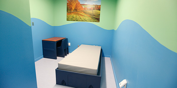 A bed in ED room with blue and green painted walls