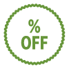 Green icon with % off written inside of ridged circle