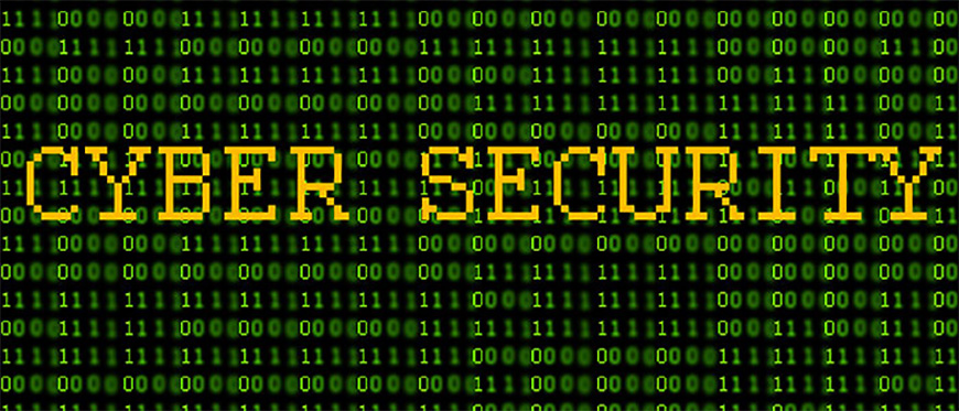 The words "cyber security" typed above blurred screen of 0s and 1s