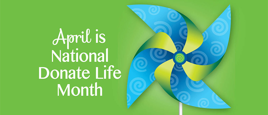 April is Donate Life Month text next to colorful pinwheel