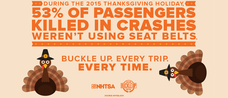 Graphic text reads: During the 2015 Thanksgiving Holiday, 53% of passengers killed in crashes weren't using seat belts. Buckle up. Every Trip. Every Time.