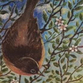 Painting of bird in branches with pink blossoms