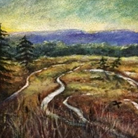 Painting of meadow with mountain in background