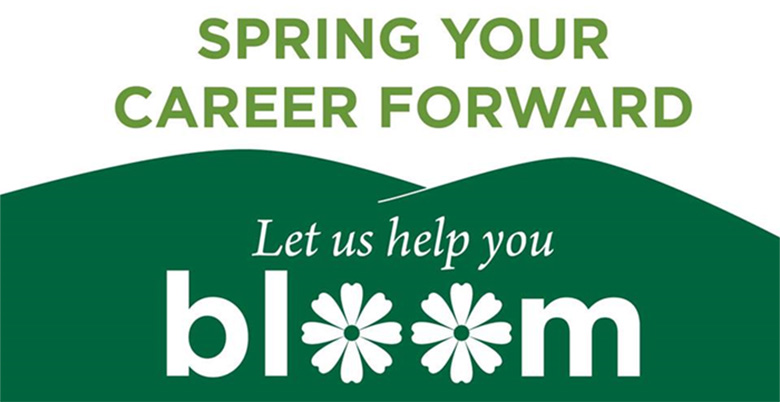 Graphic showing green mountains with text Spring your career forward, let us help you bloom