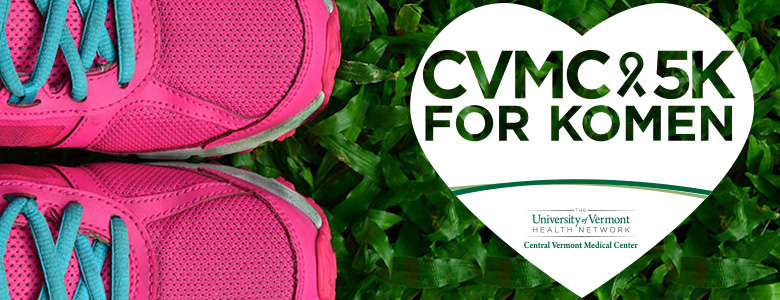 Pink running shoes next to CVMC 5K heart logo