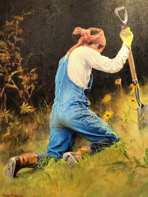 Weeds painting by Heidi Broner depicts woman weeding garden