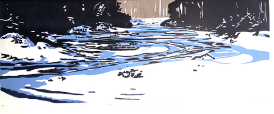 Wood Block Relief Print by Janet Cathey of Ice on the Third Branch River