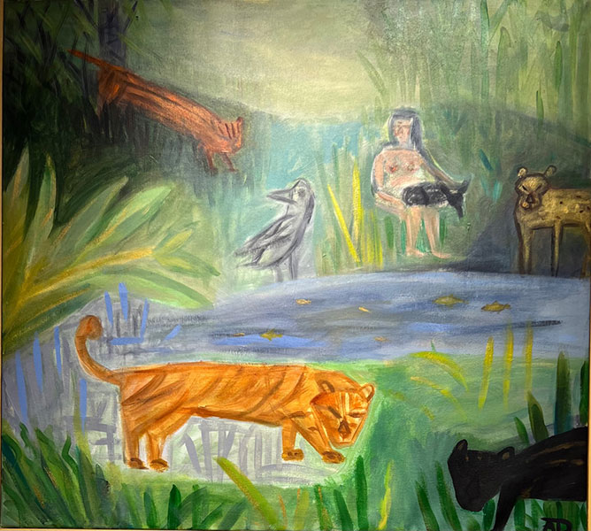 Animals by watering hole acrylic painting by Anne Davis