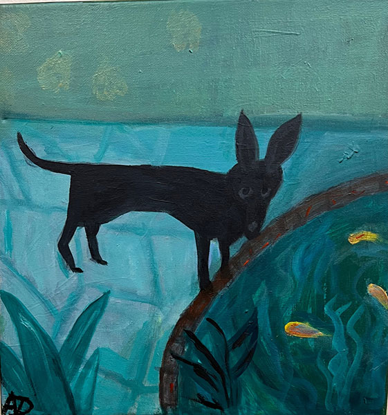 Dog staring at fish in pond acrylic painting by Anne Davis