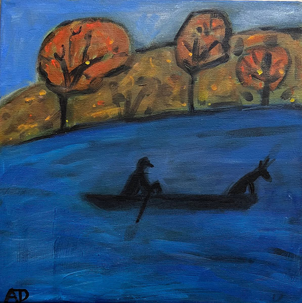 Dog in canoe acrylic painting by Anne Davis