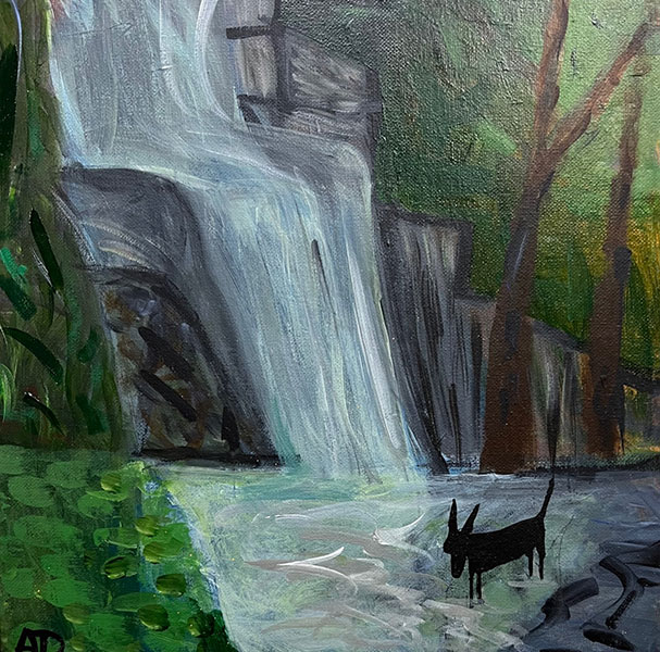 Dog by waterfall acrylic painting by Anne Davis