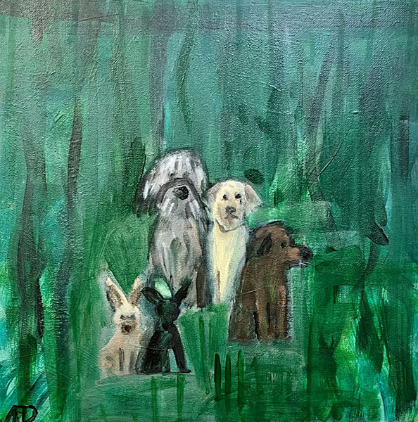 Dogs in grassy field acrylic painting by Anne Davis