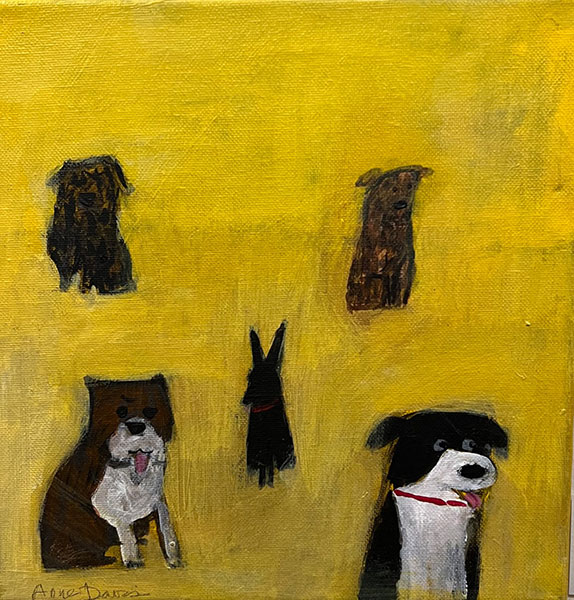 Dogs and a rabbit acrylic painting by Anne Davis