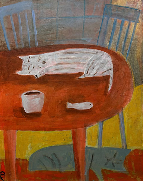 Cats on and under kitchen table acrylic painting by Anne Davis