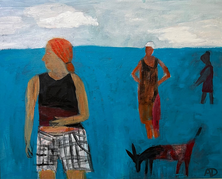Women and dog in ocean acrylic painting by Anne Davis