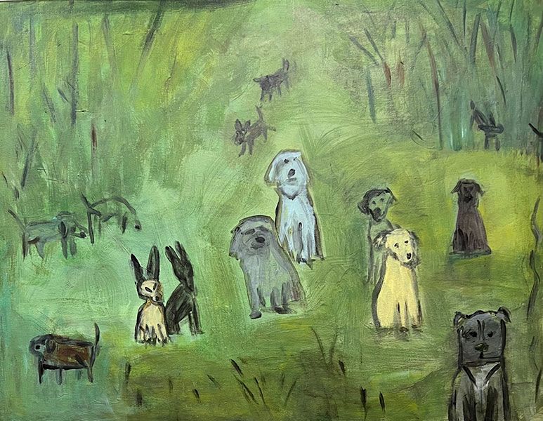Dogs and other animals in field acrylic painting by Anne Davis