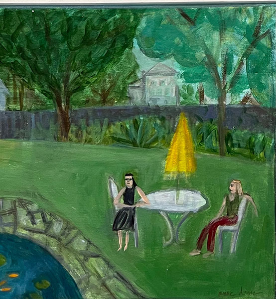 Two women sitting at a table by small pond acrylic painting by Anne Davis