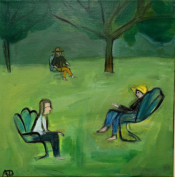 Two women chatting on lawn acrylic painting by Anne Davis