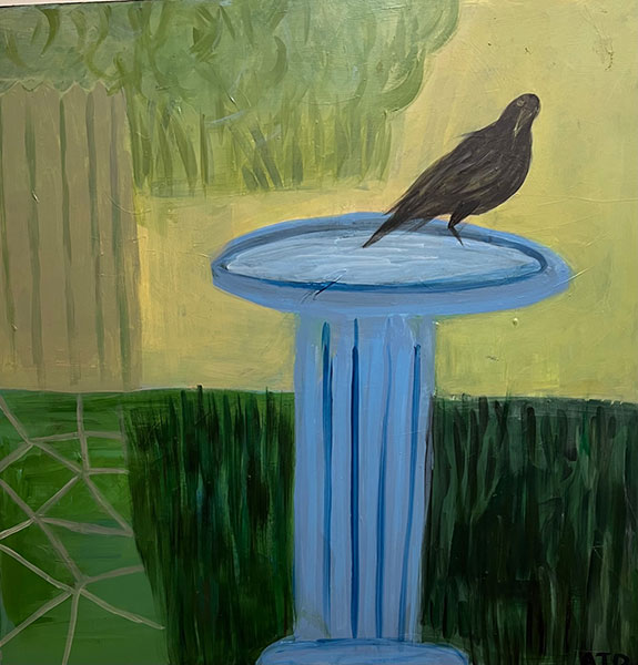 Bird on edge of birdbath acrylic painting by Anne Davis