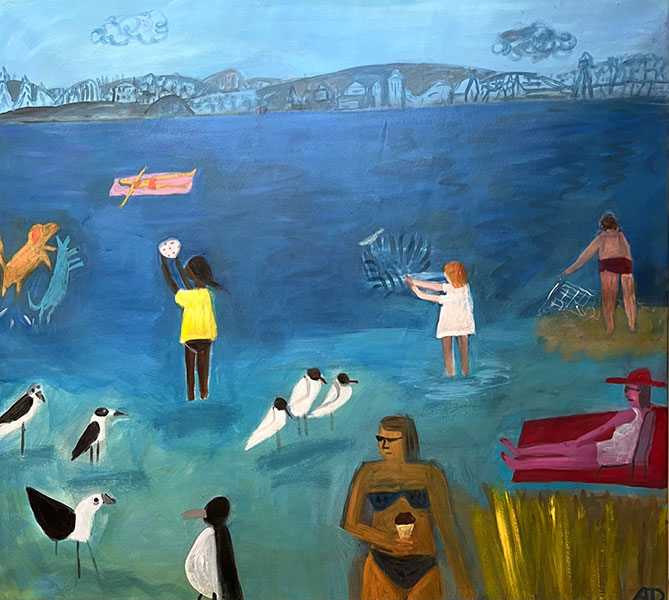 Children and dogs playing by the sea shore painting by Anne Davis