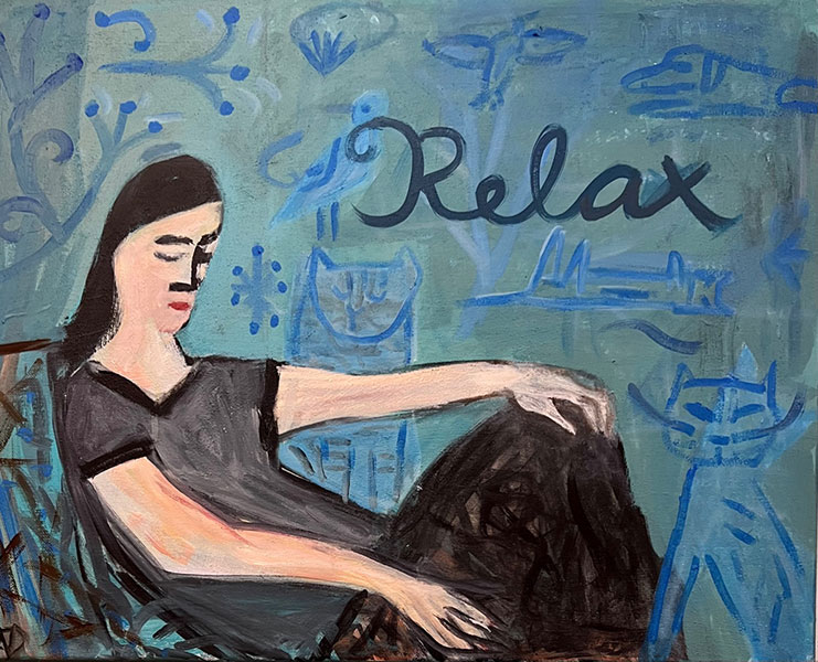 Woman in recline with word Relax acrylic painting by Anne Davis