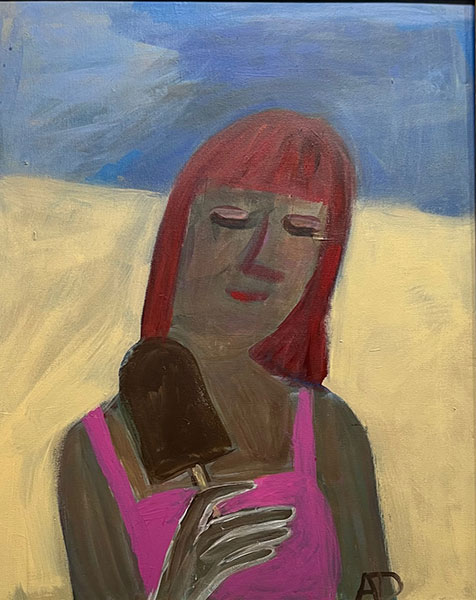 Acrylic Painting of Woman holding popsicle by Anne Davis