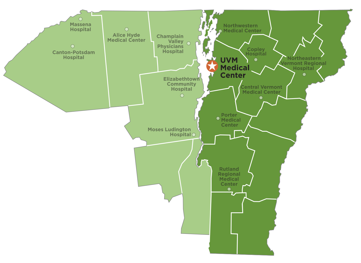 Map of Vermont and upstate New York highlight UVM Health Network hospital locations.
