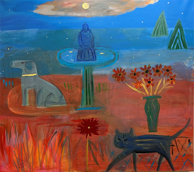 Dog and Cat in Moonlit Garden acrylic painting by Anne Davis