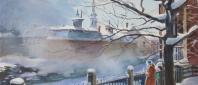 Watercolor painting by Susan Bull Riley of person watching fog come off river