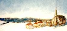 Painting by Regis Cummings of white washed village buildings in winter 