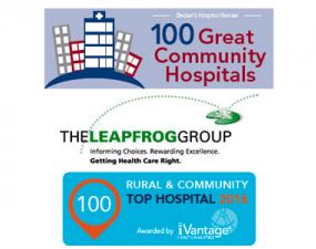 Logos for top hospital awards from Beckers, Leap Frog and iVantage